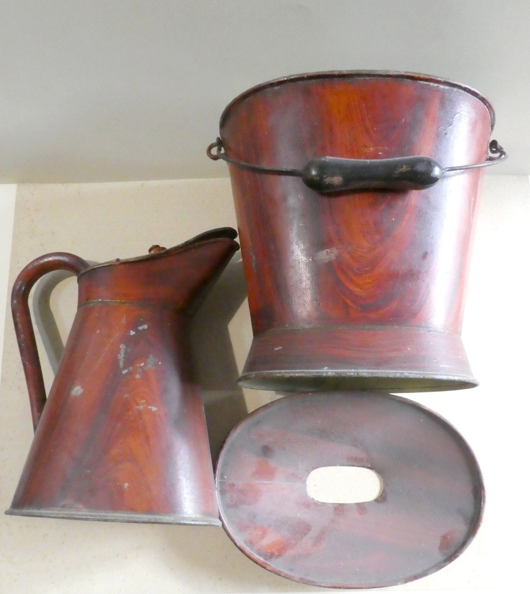 Cruises 19th Century, Luxury, Bucket And Pitcher Of Ease, Rosewood Painted Tin-photo-3