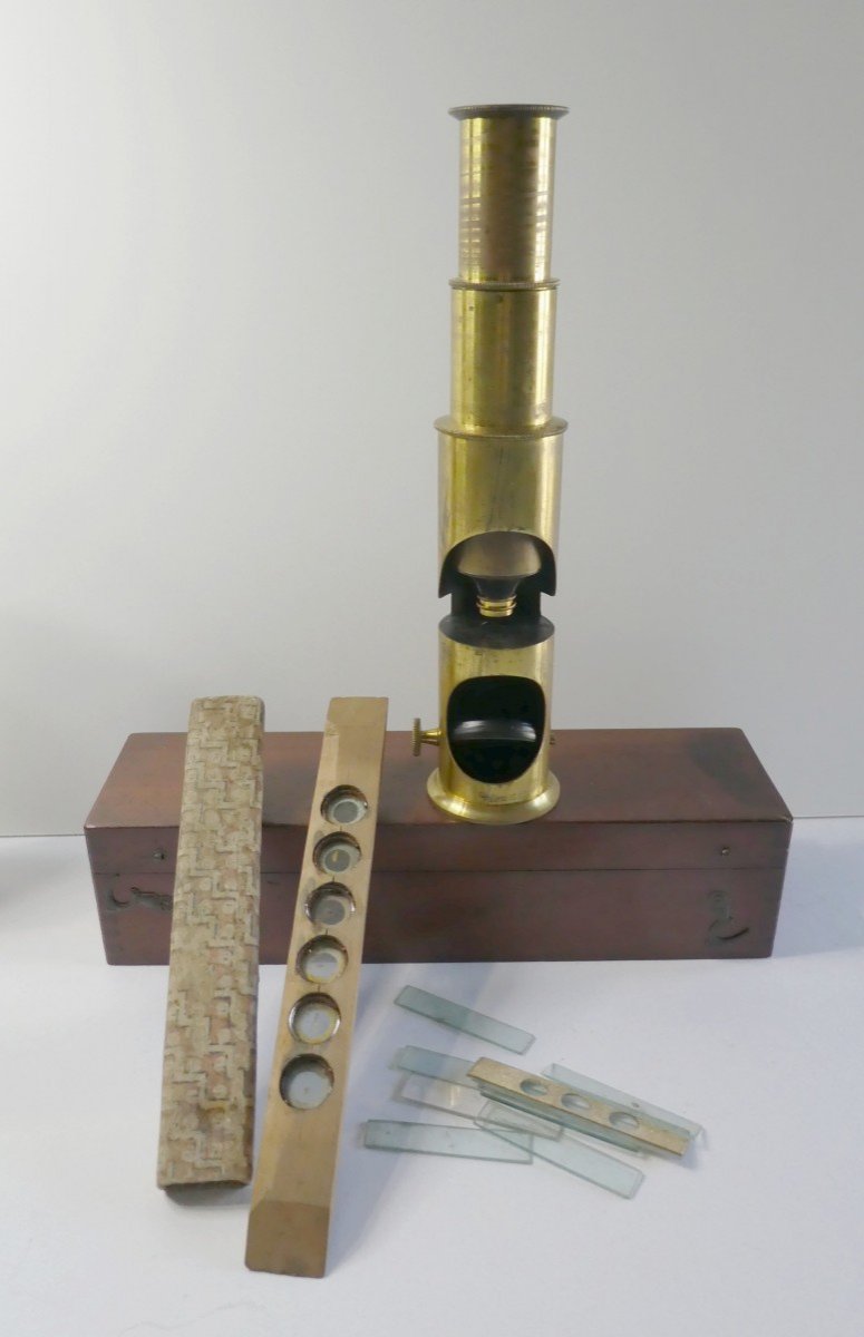 Joli Microscope d'études à Tambour, Laiton Verni, Fin XIXe-photo-2