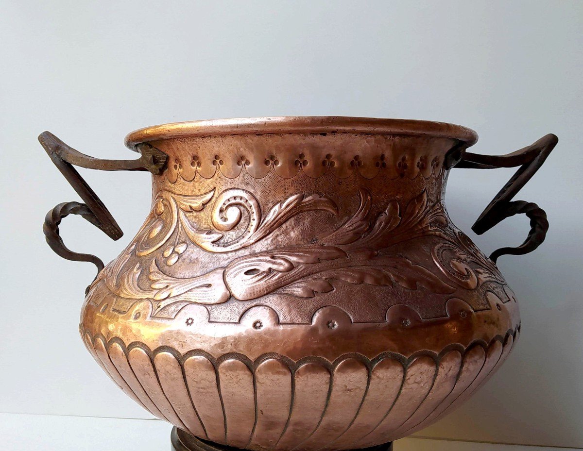 Large Winter Garden Basin, Tool Embossed Copper, Late 19th Century-photo-3