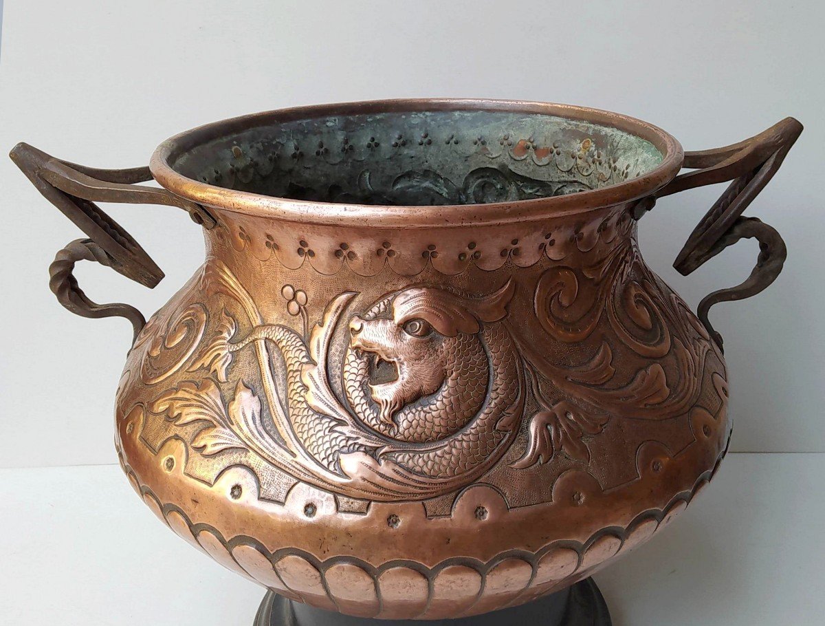 Large Winter Garden Basin, Tool Embossed Copper, Late 19th Century-photo-1