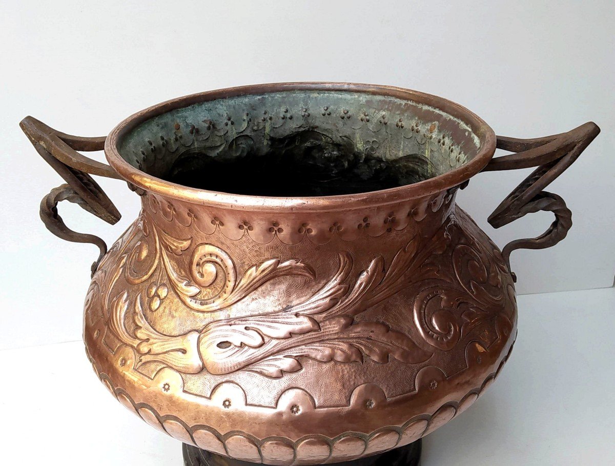 Large Winter Garden Basin, Tool Embossed Copper, Late 19th Century-photo-3