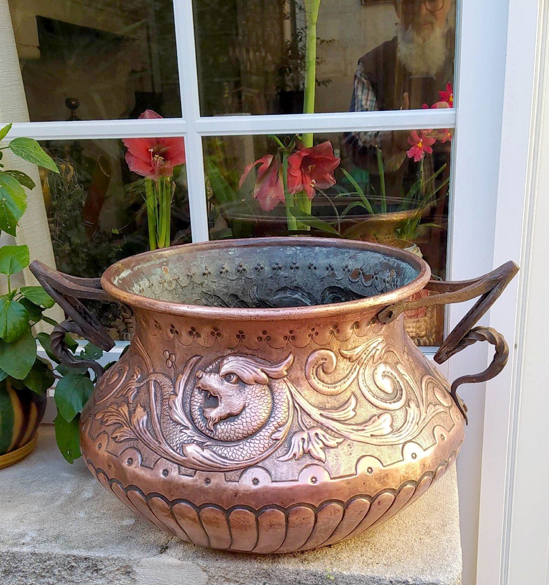 Large Winter Garden Basin, Tool Embossed Copper, Late 19th Century