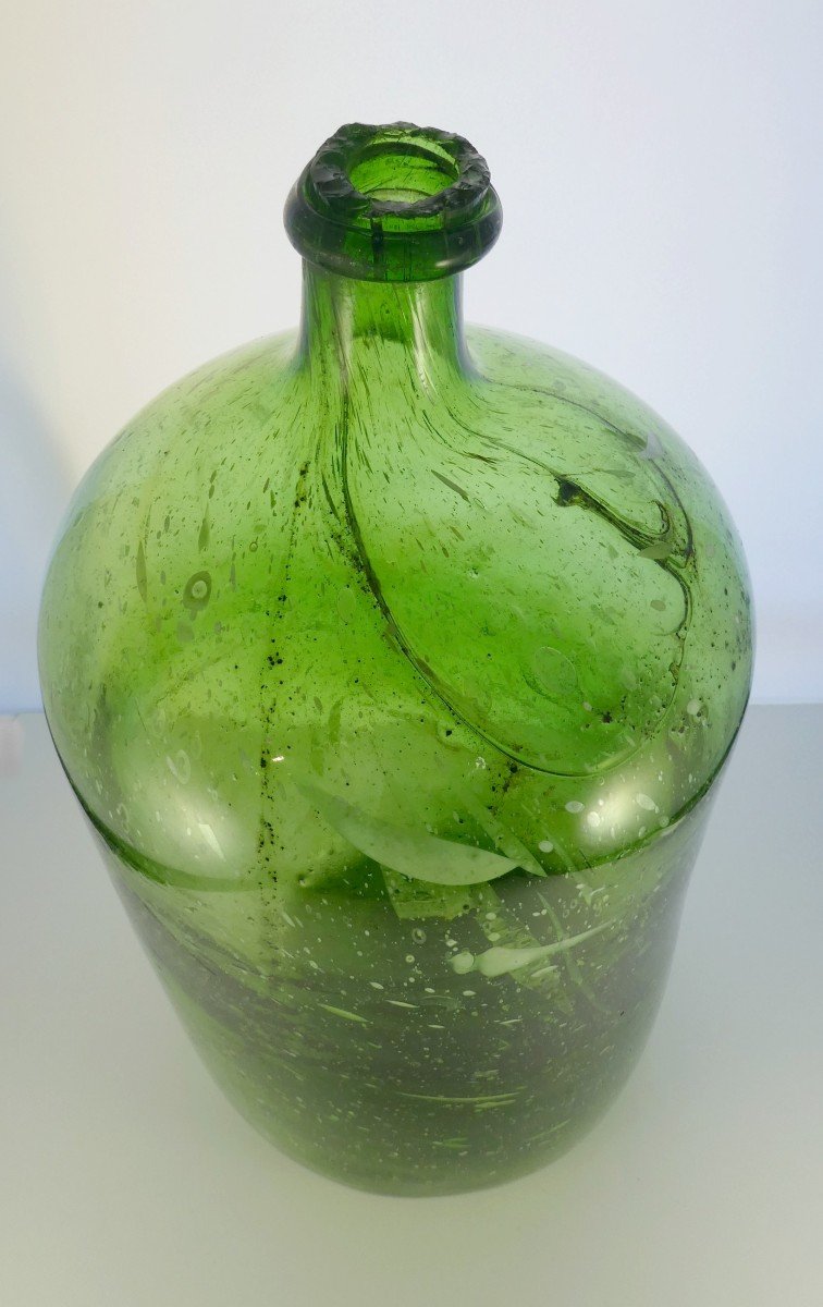 Huge Soft Green Blown White Speckled Bottle, Almost 2 Centuries-photo-2
