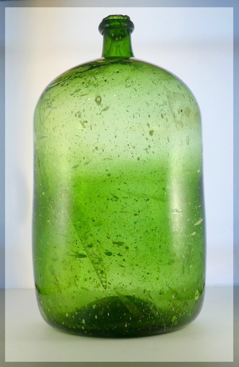 Huge Soft Green Blown White Speckled Bottle, Almost 2 Centuries-photo-4