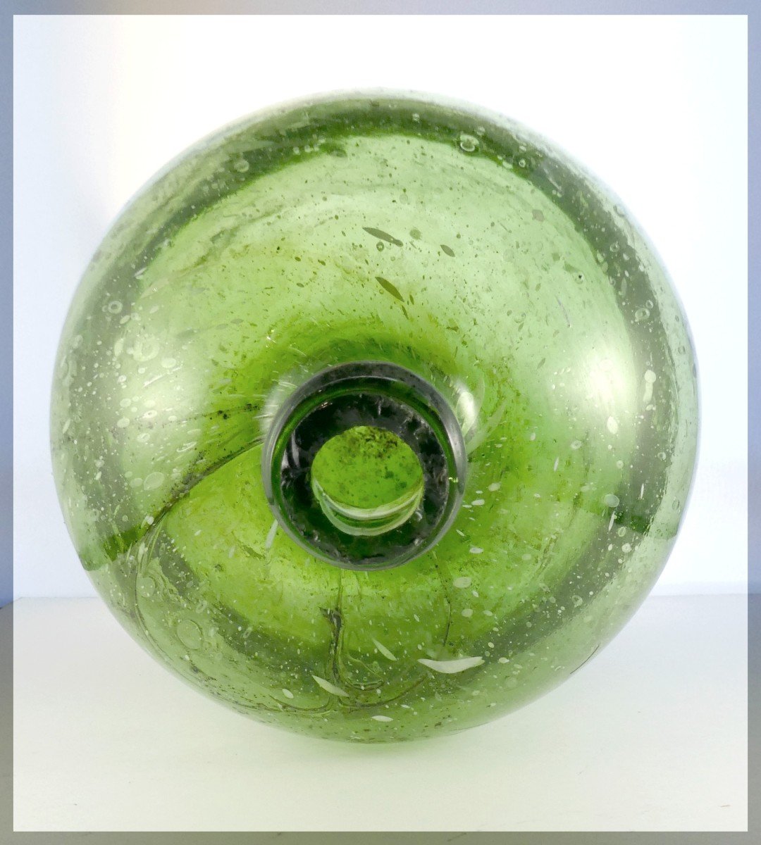 Huge Soft Green Blown White Speckled Bottle, Almost 2 Centuries-photo-3