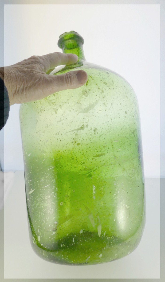 Huge Soft Green Blown White Speckled Bottle, Almost 2 Centuries-photo-6