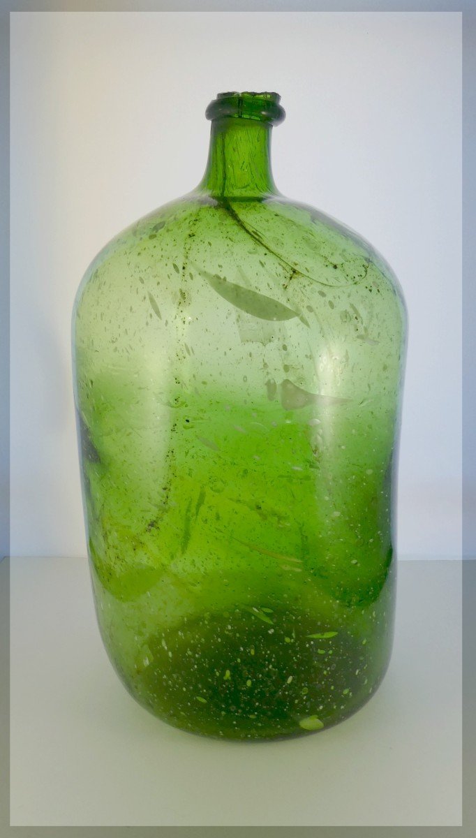 Huge Soft Green Blown White Speckled Bottle, Almost 2 Centuries