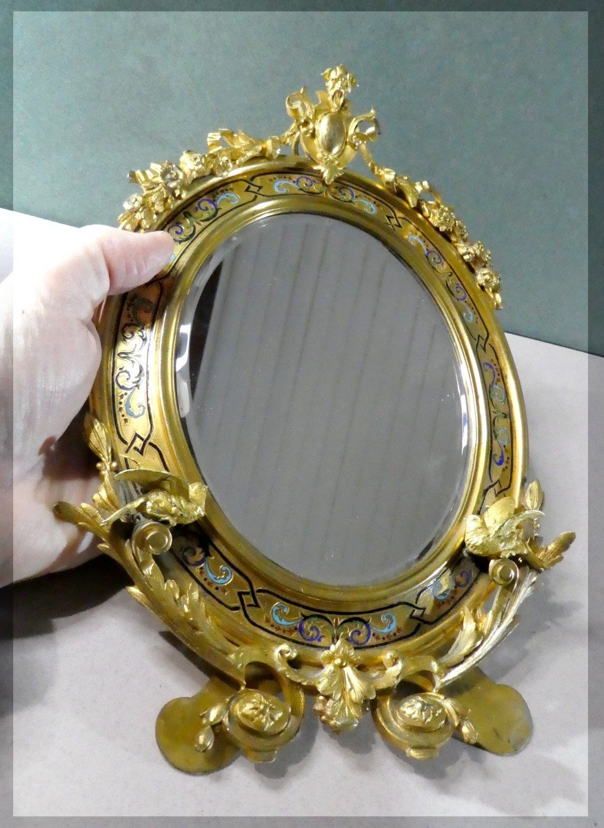 -B- Précieux Miroir De Toilette Biseauté, Ovale, En Bronze émaillé. Époque Napoléon III.  -B--photo-2