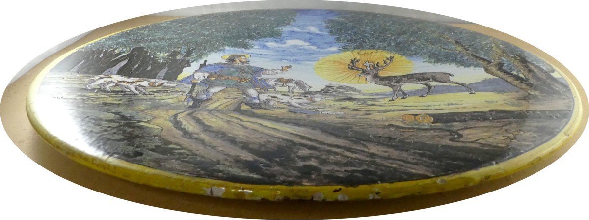 Hunting And Apparat Dish, Nevers, St Hubert, 19th Majolica, Signed-photo-3