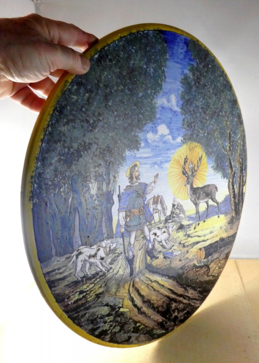 Hunting And Apparat Dish, Nevers, St Hubert, 19th Majolica, Signed-photo-2