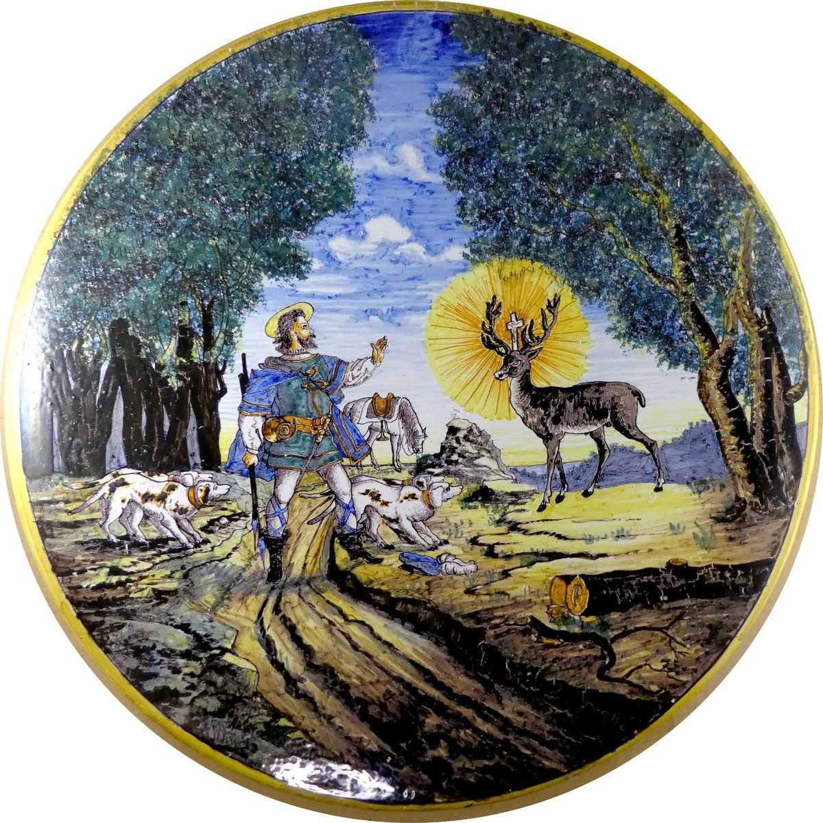 Hunting And Apparat Dish, Nevers, St Hubert, 19th Majolica, Signed