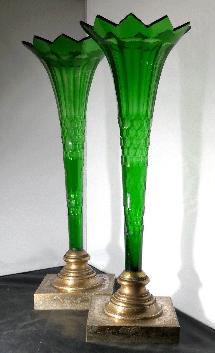 In Honor Of  Horses, Circa 1820, Pair Of Green Bristol Crystal Vases, Good Condition-photo-2