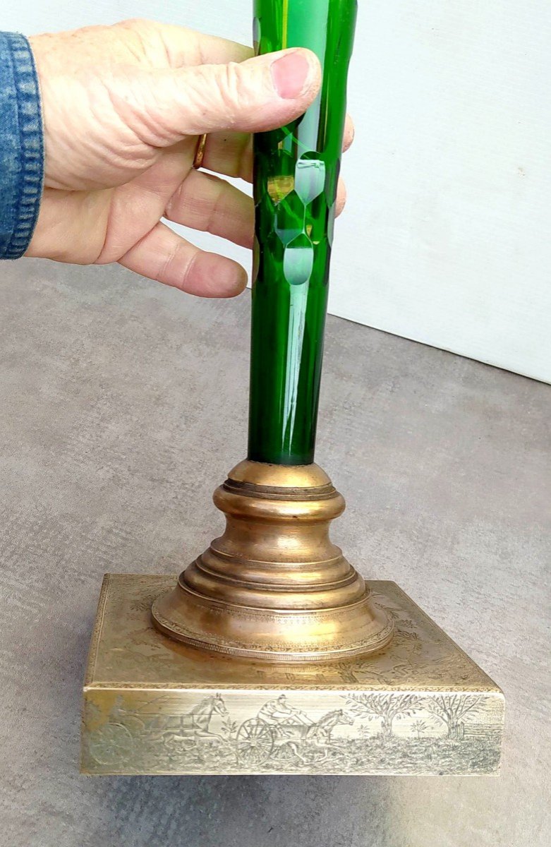 B- En l'Honneur Du Cheval,  Vers 1820,  Paire De Vases Cristal De Bristol Vert, En Bel état-photo-3