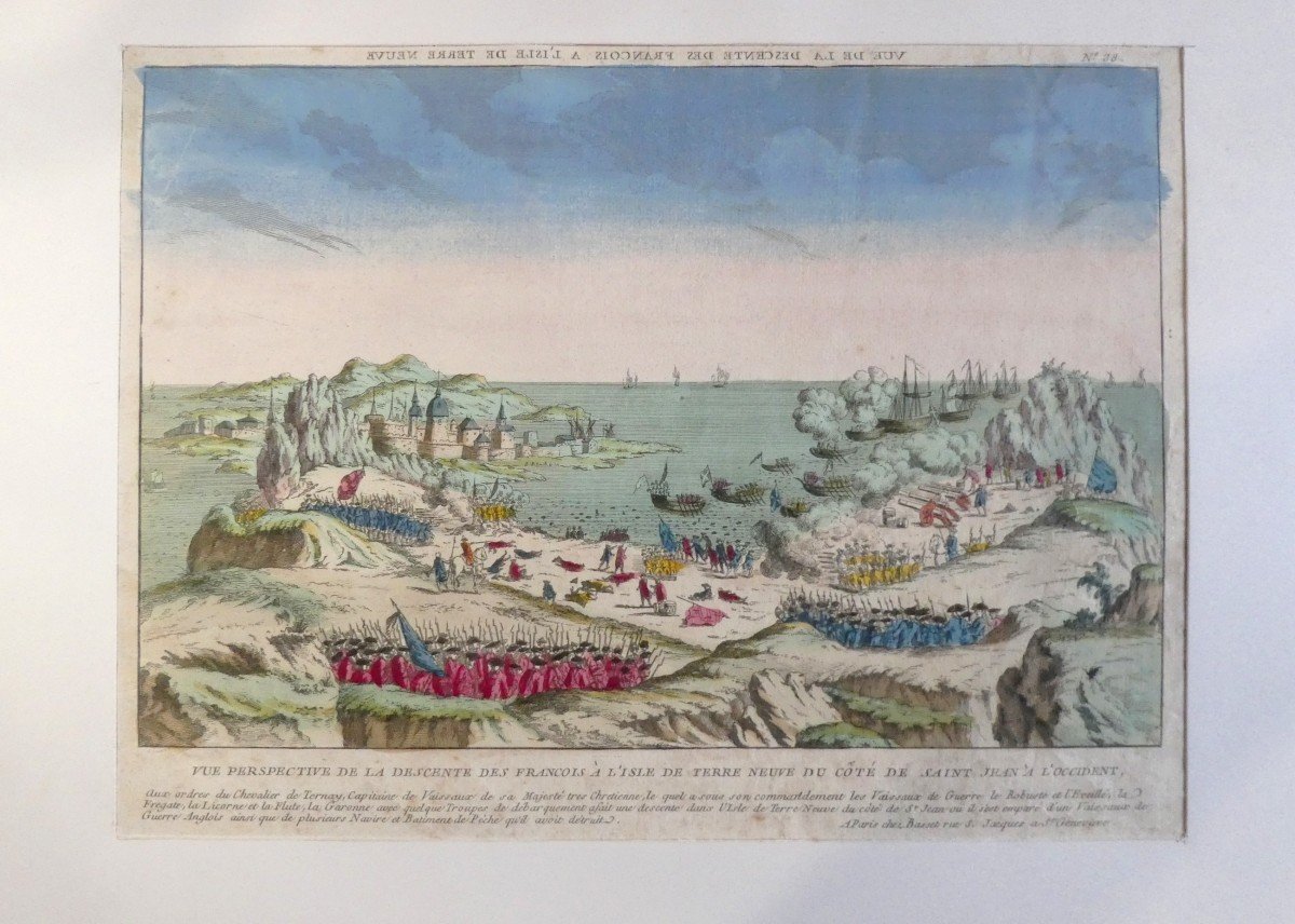 Terre Neuve, 1762, Descente Des Français, Gravure Sur Cuivre, Coloris d'époque