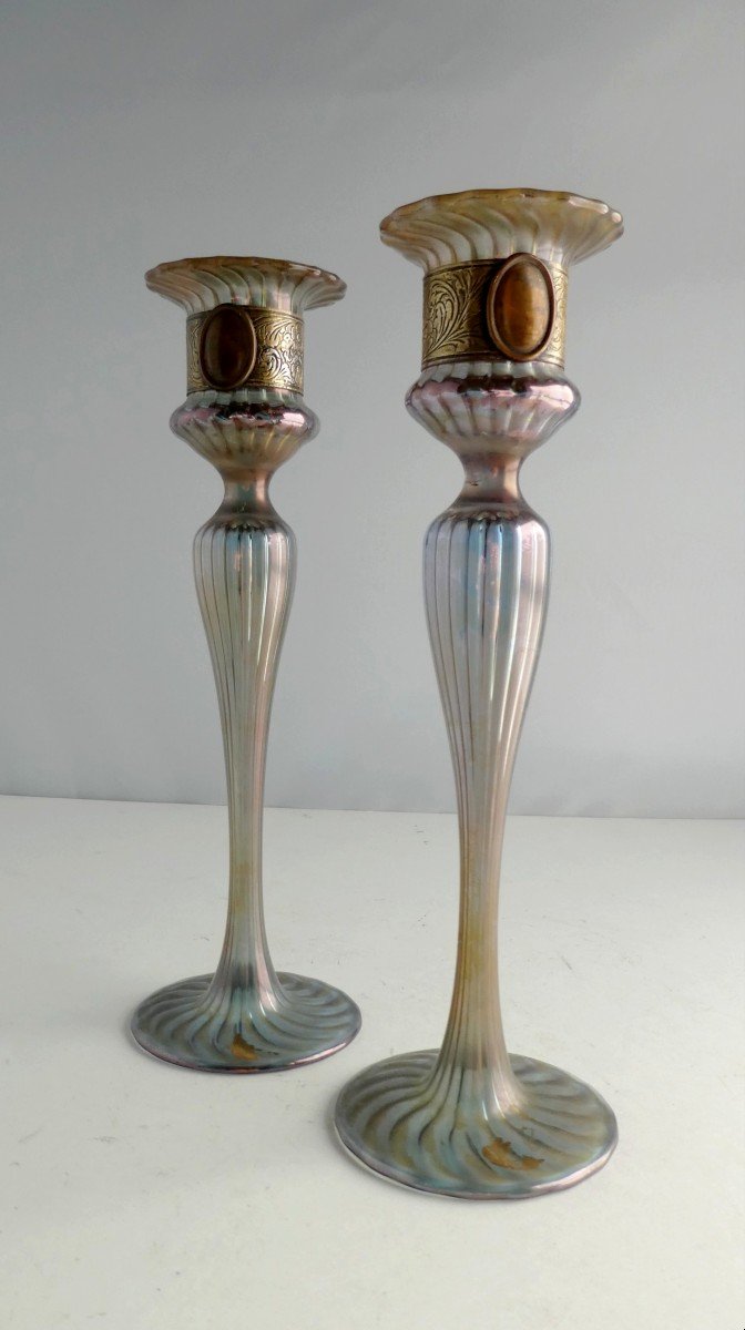 Austrian Jugendstil, 2 Iridescent Blown Glass Candlesticks. (bakalowits?)-photo-2