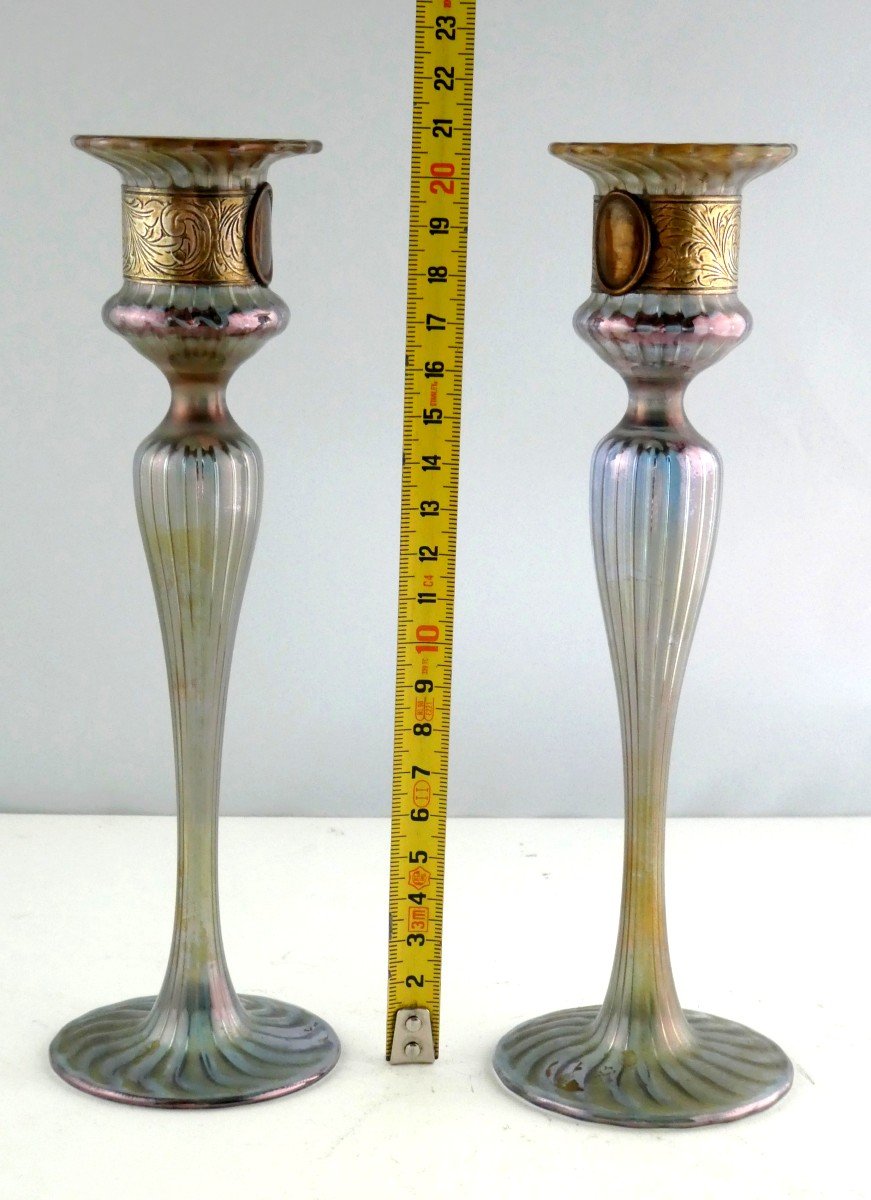 Austrian Jugendstil, 2 Iridescent Blown Glass Candlesticks. (bakalowits?)-photo-3