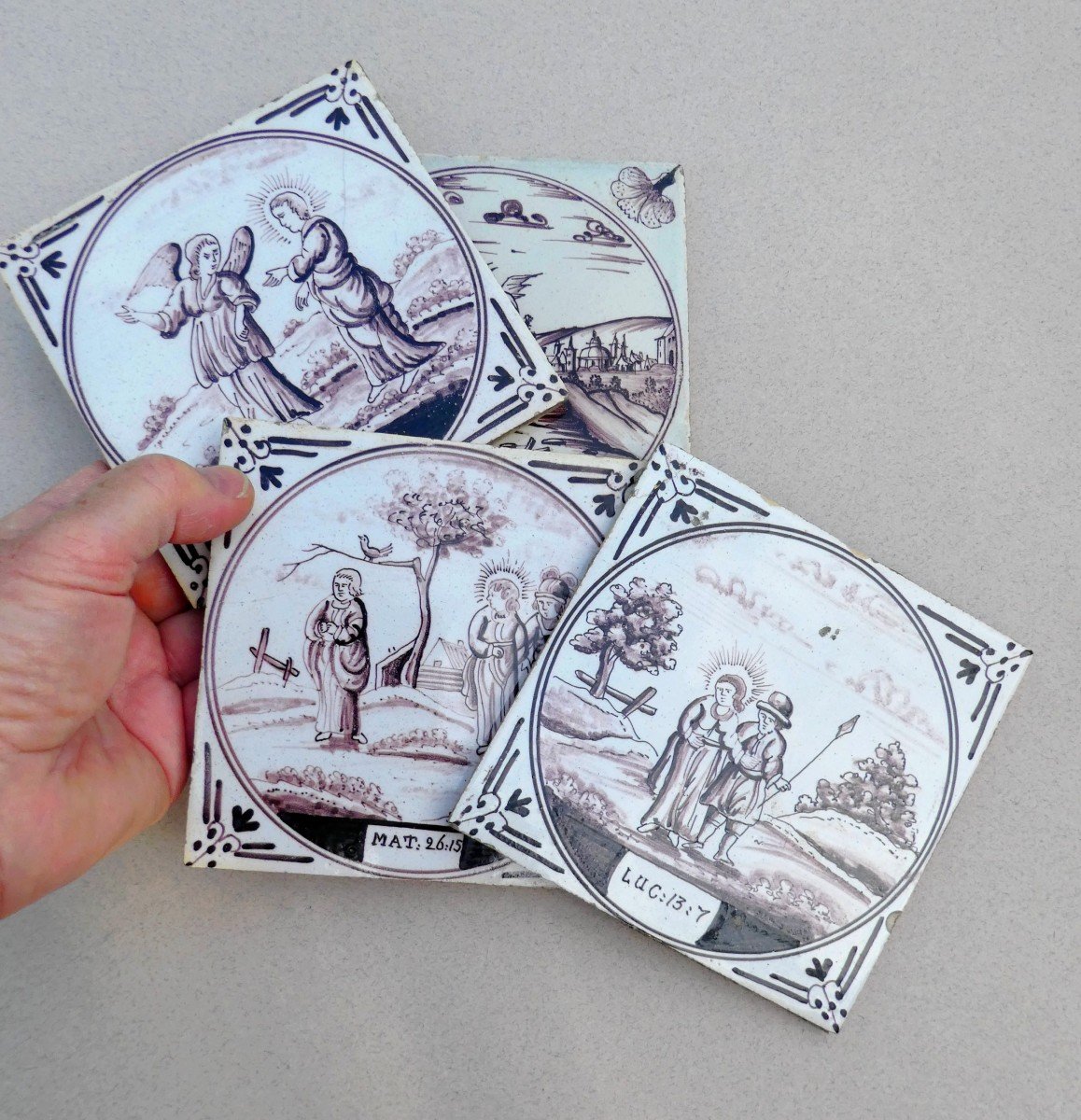 Suite Of 8 Delft Tiles,  Biblical Subjects, Manganese, 18th Century-photo-3