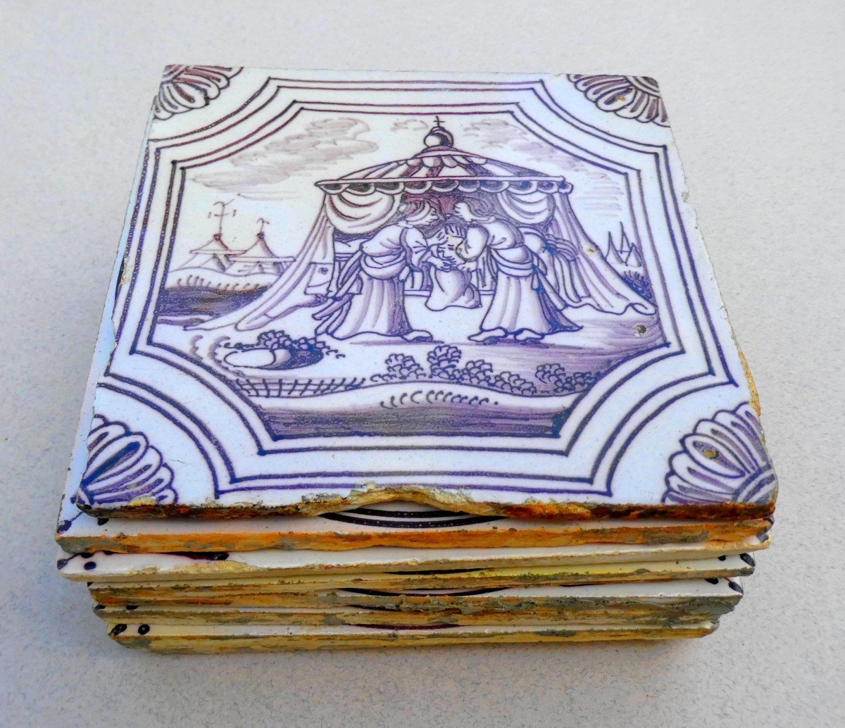 Suite Of 8 Delft Tiles,  Biblical Subjects, Manganese, 18th Century-photo-4