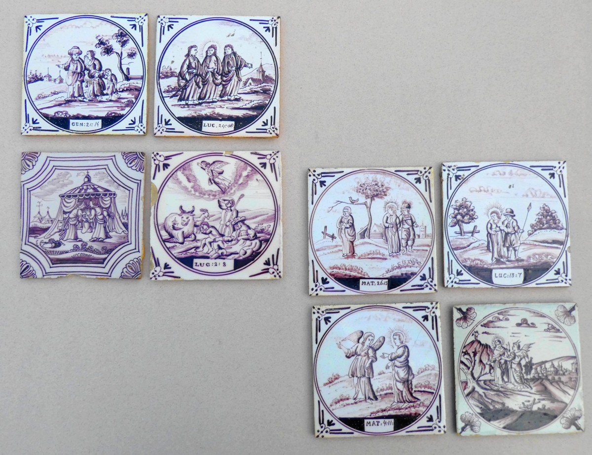 Suite Of 8 Delft Tiles,  Biblical Subjects, Manganese, 18th Century