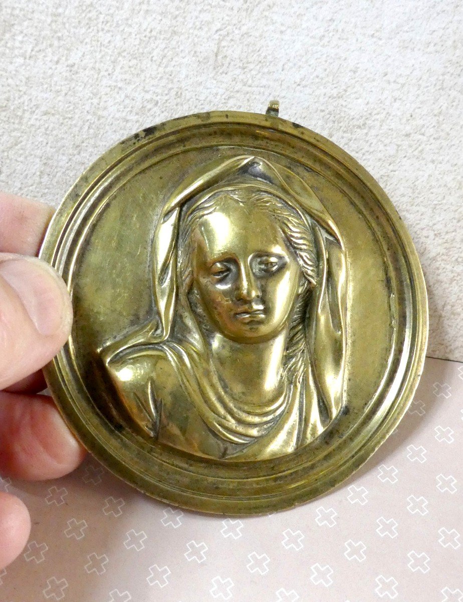 Plaquette Haut Relief Bronze, époque Louis XIV, Le Visage De La  Vierge-photo-2