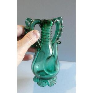 Double Cruet, Emerald Blown-spun Glass, Primitive, Catalonia