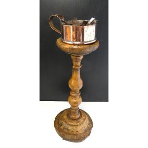 Copper Oil Lamp 4 Beaks, Wooden Foot, 19th Century Manual Art