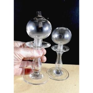 Paire De Mini-lampes Provençales à Huile d'Olive, Verre Soufflé XIXe