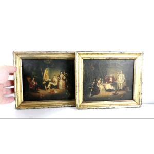 Comedia Del Arte: Pair Of Small Miniature Paintings, Oil On Canvas, 19th Century