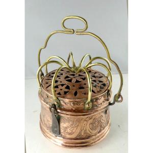 Small 18th Century Bed Warmer, From 2 Brass, Engraved, Northern Italy