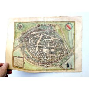 Plan-vue De Strasbourg, 1584, Colorié, Belle Gravure D’époque ; Georg Braun