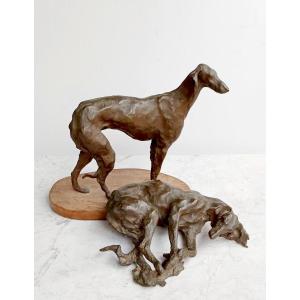 Two Large Bronze Greyhounds, Contemporary Sculpture, 2/10, Lissa Borkowski