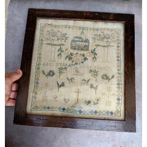 Religious Primitive Art: French Childish Embroidery, Dated 1840, Frame And Old Glass