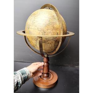 Beautiful Terrestrial Globe With Natural Wood Frame, Engraved Table And Meridian, Forest, Circa 1900, Good Condition
