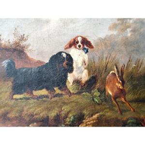 Portrait Of 2 Young Dogs, Peaceful 19th Century Animal Painting/1900