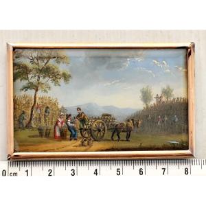 La récolte du Houblon, « fixé sous verre » vers 1830, charmante œuvre bucolique