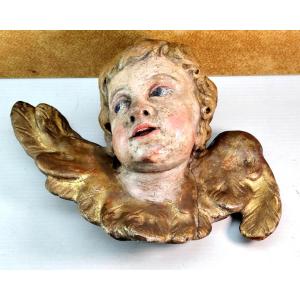 Chérubin Bois sculpté et peint, 18 ou 19e siècle, charmant visage ancien