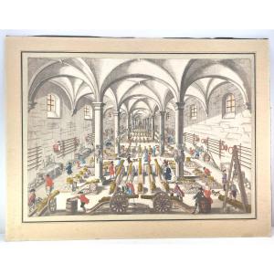 Gravure aquarellée : 1760, l’Arsenal Artillerie, effet optique Jour-Nuit, par Georg B. Probst