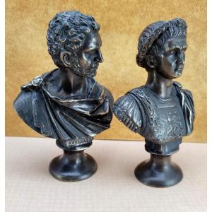 2 bustes d’Empereurs Romains, bronzes de réédition, style Renaissance, 19-20e 