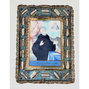 Saint Gilles, Portrait Monastique sur parchemin, 20 reliques , 18e siècle