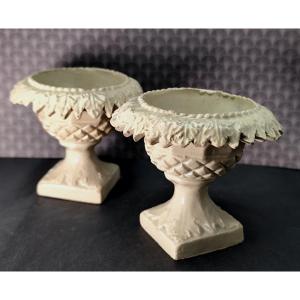 French 18th C Salt Cellar Pair, Terre Vernissée Creamware