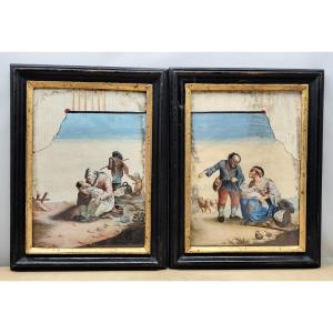 2 Trompe-l’œil misérabilistes aux vitres cassées, Gouaches, signé APL