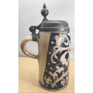 Westerwald, Beautiful Large Covered Tankard, Salt-glazed Stoneware, 18th Century, Good Condition