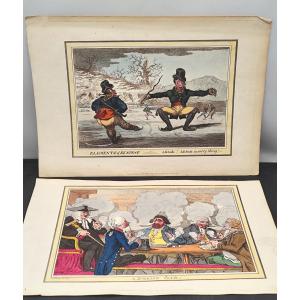 Deux belles caricatures sociales de James Gillray, publiées par Miller et Blackwood, début 19e 