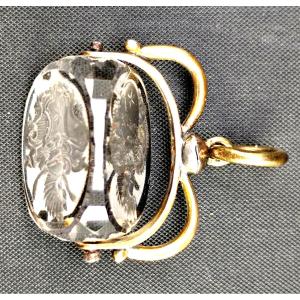 Beautiful Small Prism Seal, Rock Crystal ,coat Of Arms And 14k Gold, 18th Or 19th Century