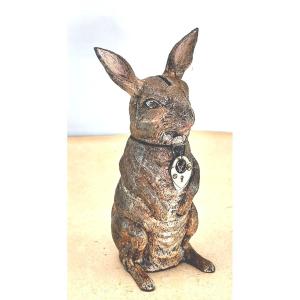 Tirelire lapin, plomb de Nuremberg, avec son cadenas, joli jouet vers 1900