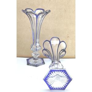 Saint Louis, Two Blue-lined Crystal Flute Vases, Good Condition