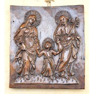 La Sainte famille, icône bois sculpté, Art Populaire et Religieux 18-19e