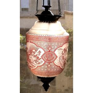 Japonisme: Acid-etched Glass Lantern, Late 19th Century, Fine Condition