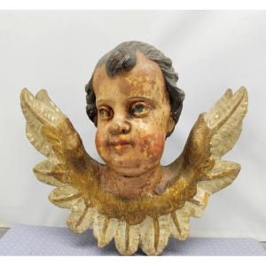 Cherub Carved And Painted Wood, 18th Or 19th Century, Charming Old Face
