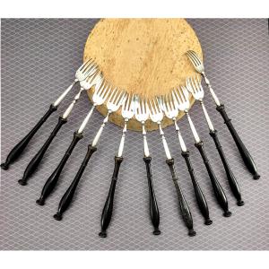 Turned Ebony And Silver Oyster Forks, Hallmarked, Circa 1825